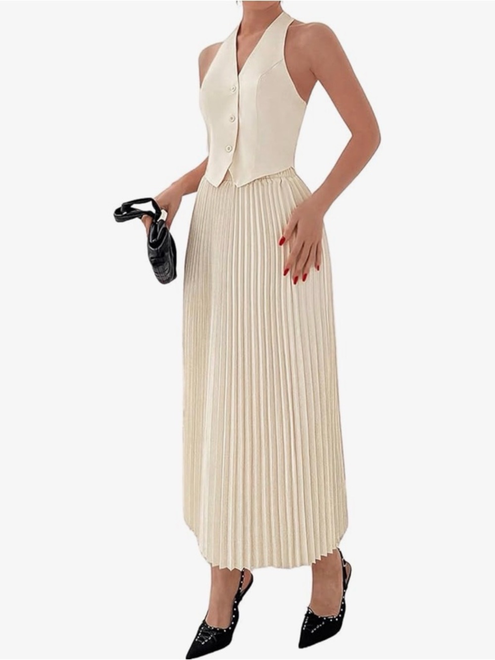 Micas 2 Piece Button Front Backless Halter Top and Pleated Maxi Skirt Set M